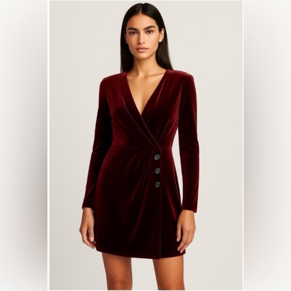 $385 The Kooples Burgundy Velvet Faux Wrap Mini Dress  NWT